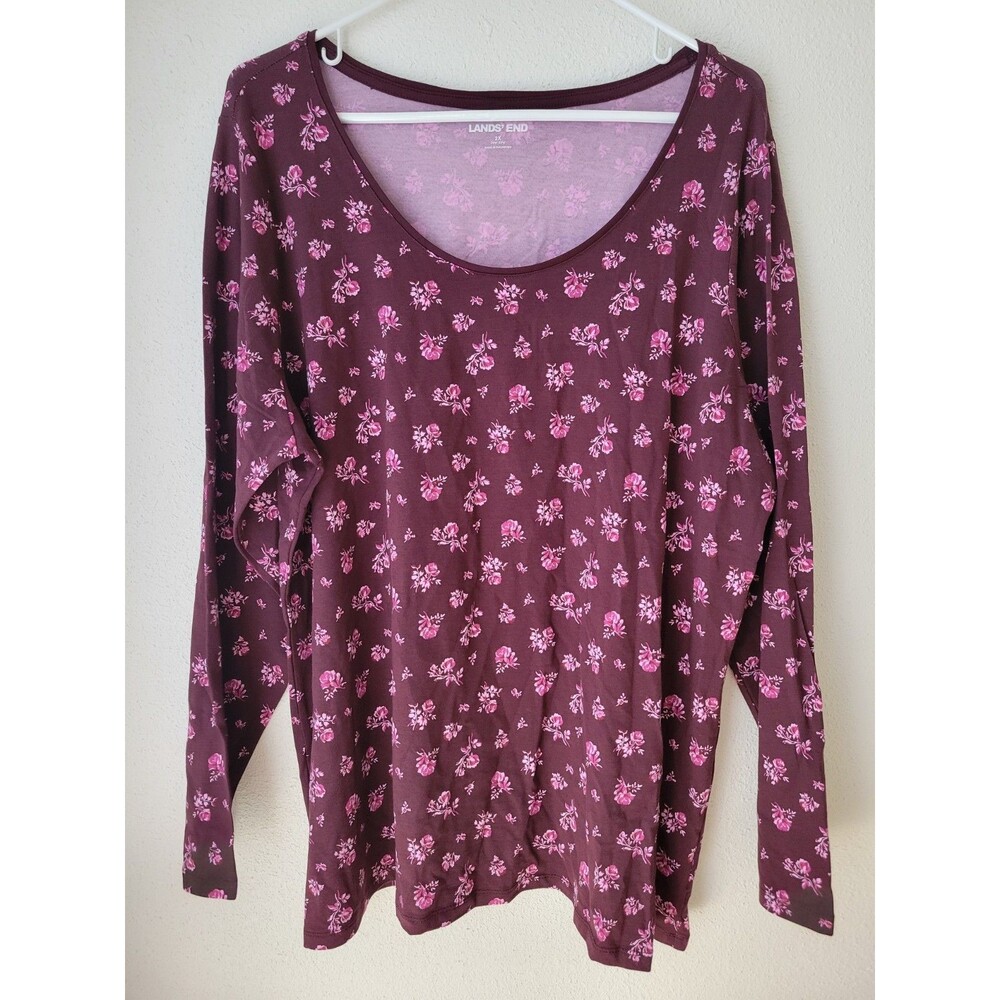 Lands' End NWT Women 2X Burgundy Pink Floral Scoop Long Sleeve Knit Tencel Modal - Picture 2 of 12
